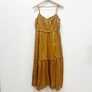 Anthropologie Mustard/Gold Rushed Satin Tiered Midi Dress - 10